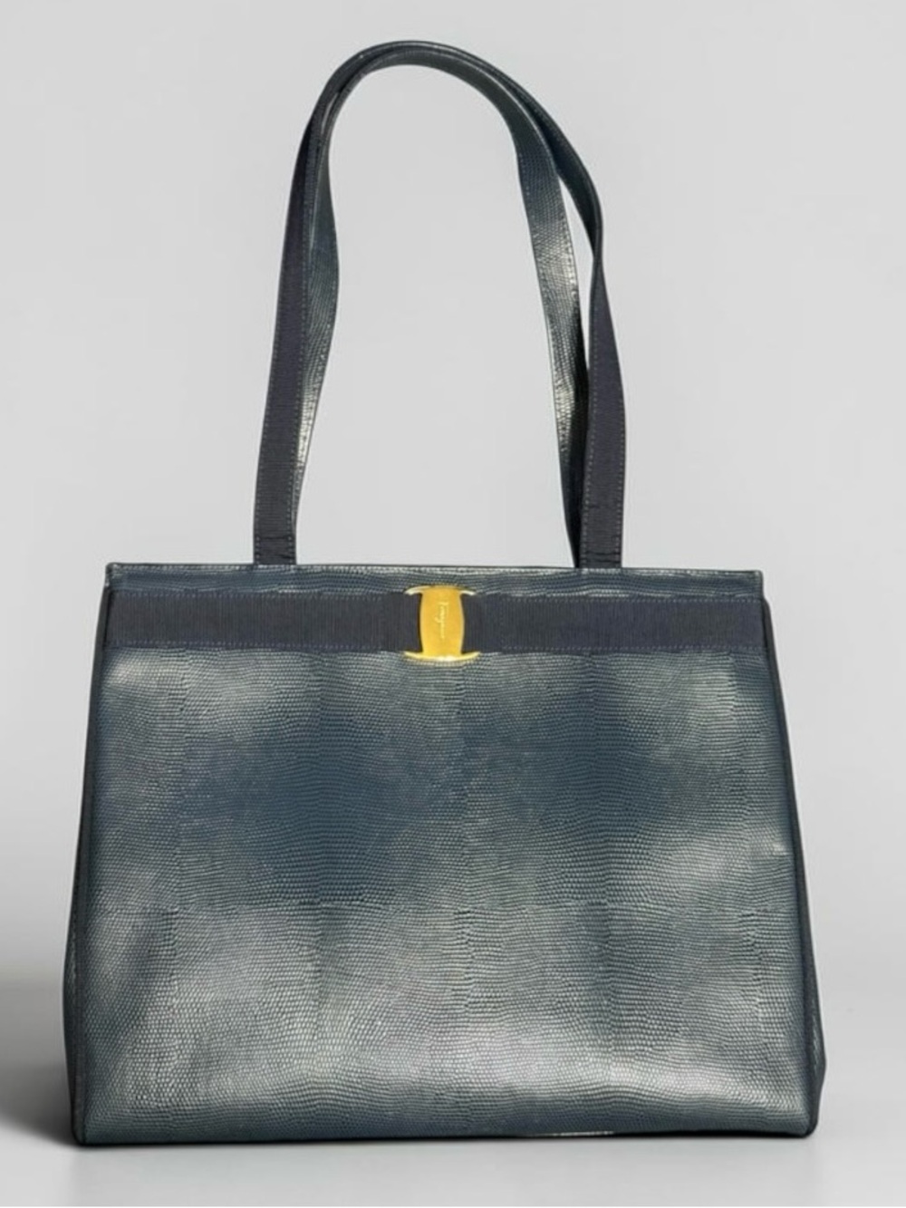 Vintage Salvatore Ferragamo Vara Bow Leather Tote Shoulder Bag Blue Gray